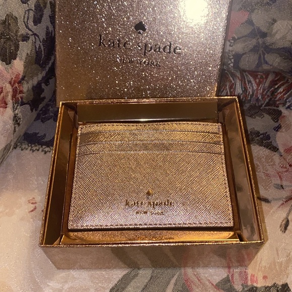 KATE SPADE GOLD METALLIC CARD HOLDER NIB GLITTERING ROSE GREAT GIFT - Picture 1 of 6